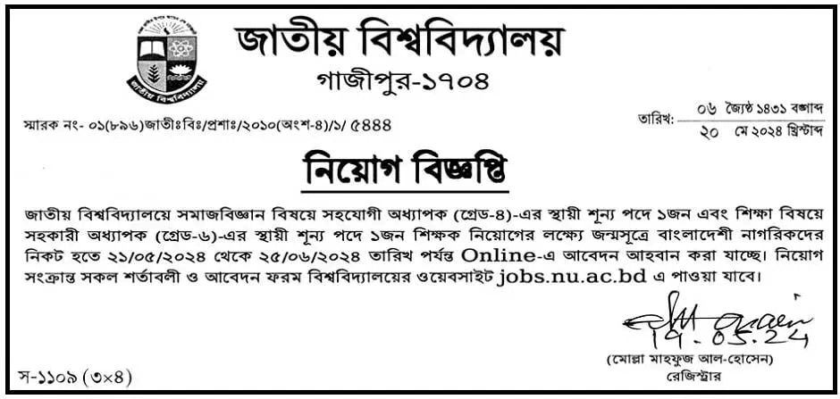 NU Job Circular 2024 PDF Photo