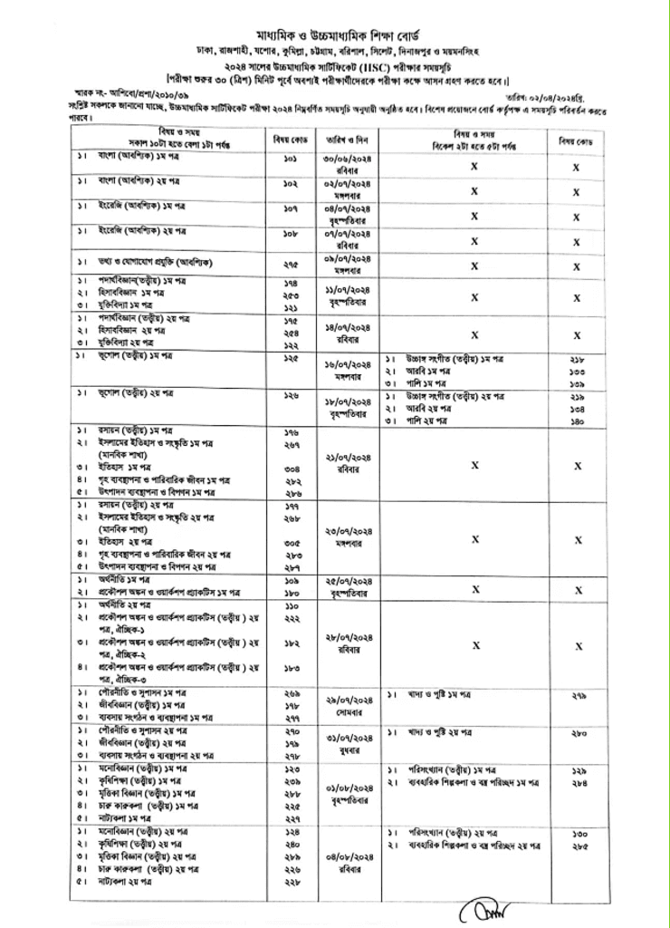 Barisal Board New Exam HSC Routine 2024