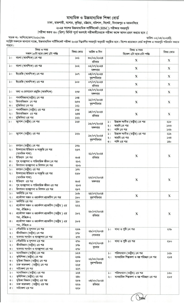 Dinajpur Board HSC Routine 2024