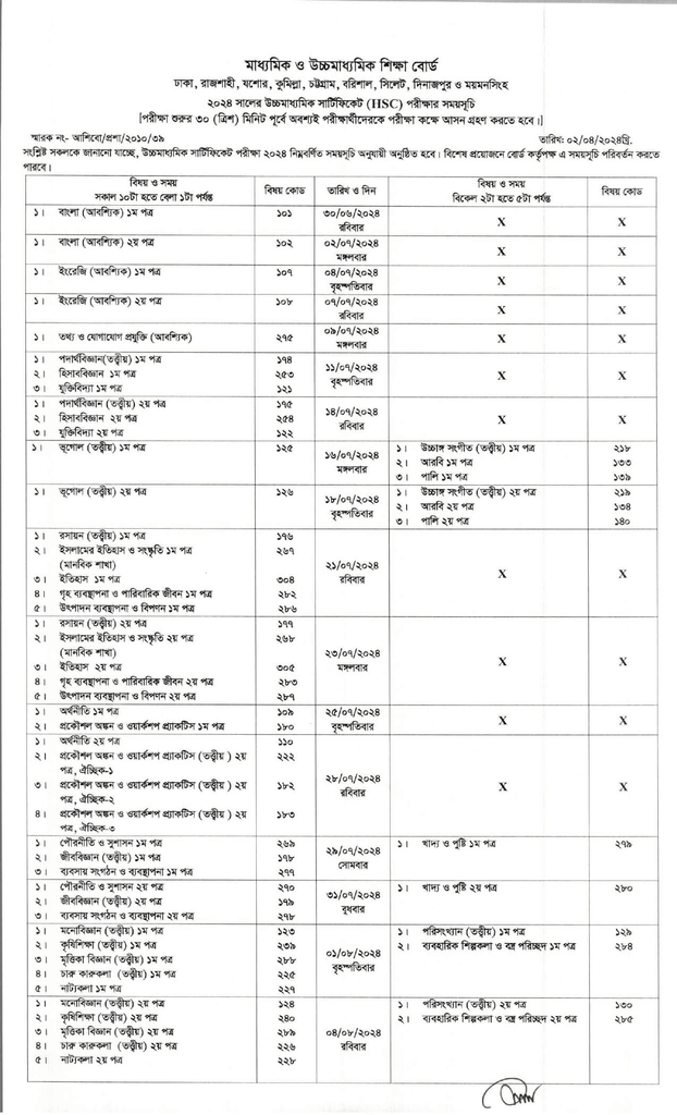 Sylhet Board HSC Exam Routine